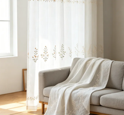 Custom-made layered light brown grass embroidery pure white linen curtains (number of grass embroidery layers can be customized)