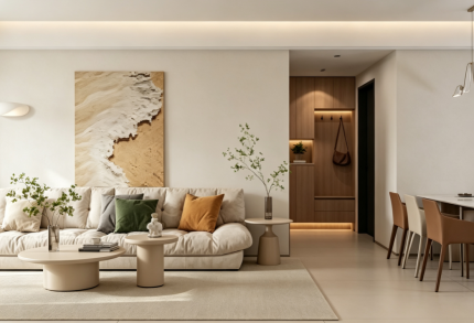Cream-Style Natural Wood Integrated Living & Dining Room Design