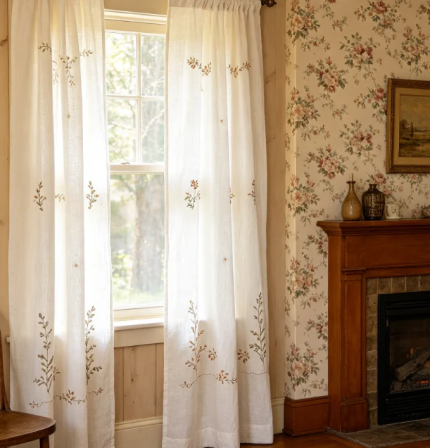 Custom-made vertically interlaced embroidered floral French-style floor-length linen curtains (floral angle can be customized)