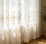Custom light brown diamond floral embroidered linen curtains (thread color customizable)