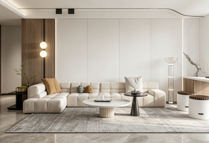 Light-Modern Living Room Design Featuring Wood Paneling and Upholstered Accents