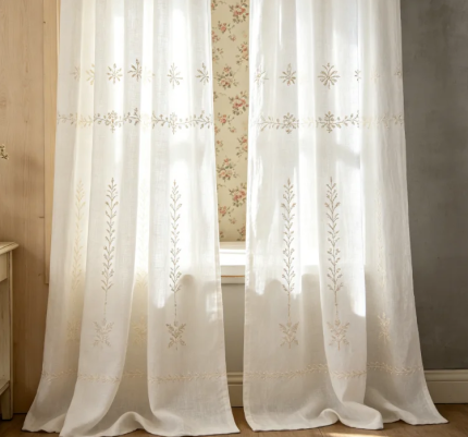 Custom simple vine leaf embroidered linen curtains
