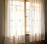 Custom country-style striped floral embroidered linen sheer curtains (stripe spacing customizable)