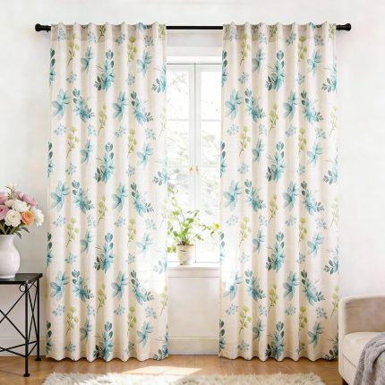 Custom Blue Floral Linen Curtains | Optional Rod Bag/Hanging Straps | Semi-Transparent Vintage Farmhouse Style, Custom Designs Based on Your Images Available