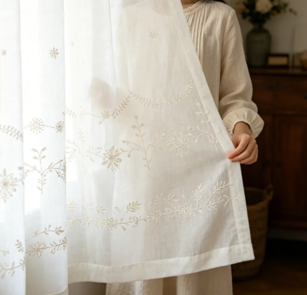 Custom-made floral embroidered linen curtains (pattern/size can be customized)
