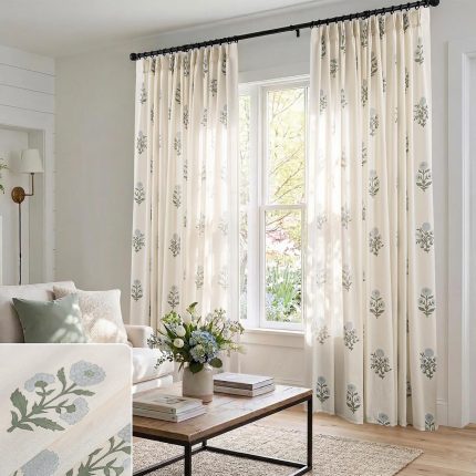Custom-made Turquoise French Country Linen Curtains | Semi-Sheer Pleated Design | Suitable for Sliding Glass Doors, Custom Size Available