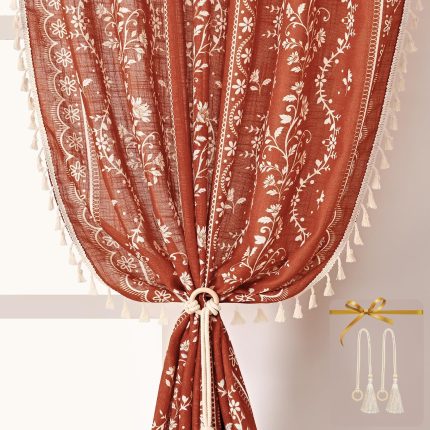Custom-made Burnt Orange Bohemian Tassel Curtains | Rod Bag and Ties | Farmhouse Style Tie-on Style, Tassel Color Customization Available