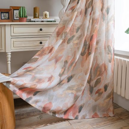 Custom-made Coral Orange Floral Linen Curtains, Perforated Design | Suitable for Bedrooms and Dining Rooms | Customizable Length